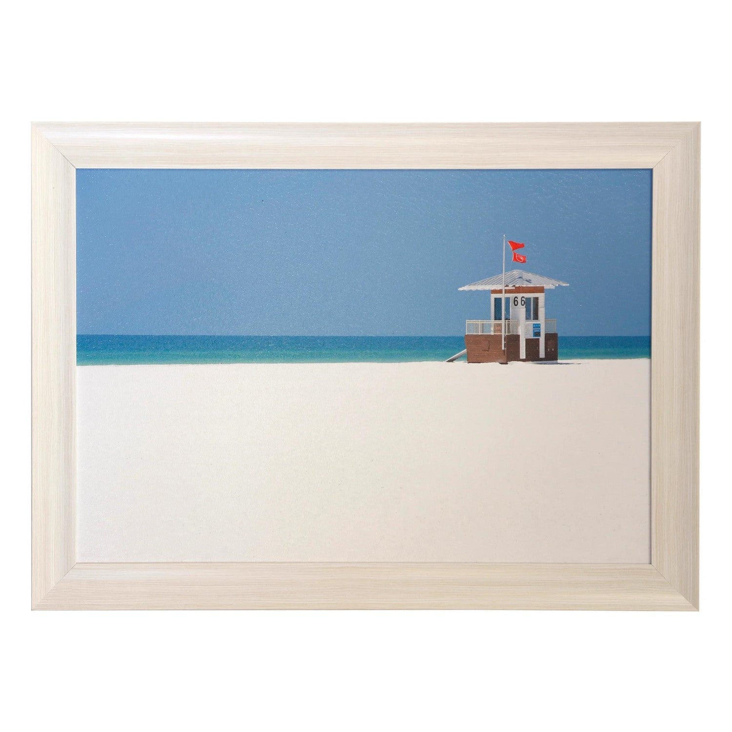 Minimalist beach scene with a lifeguard hut and sea.