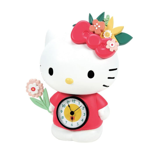 Cute cat clock with floral elements and a red bow.