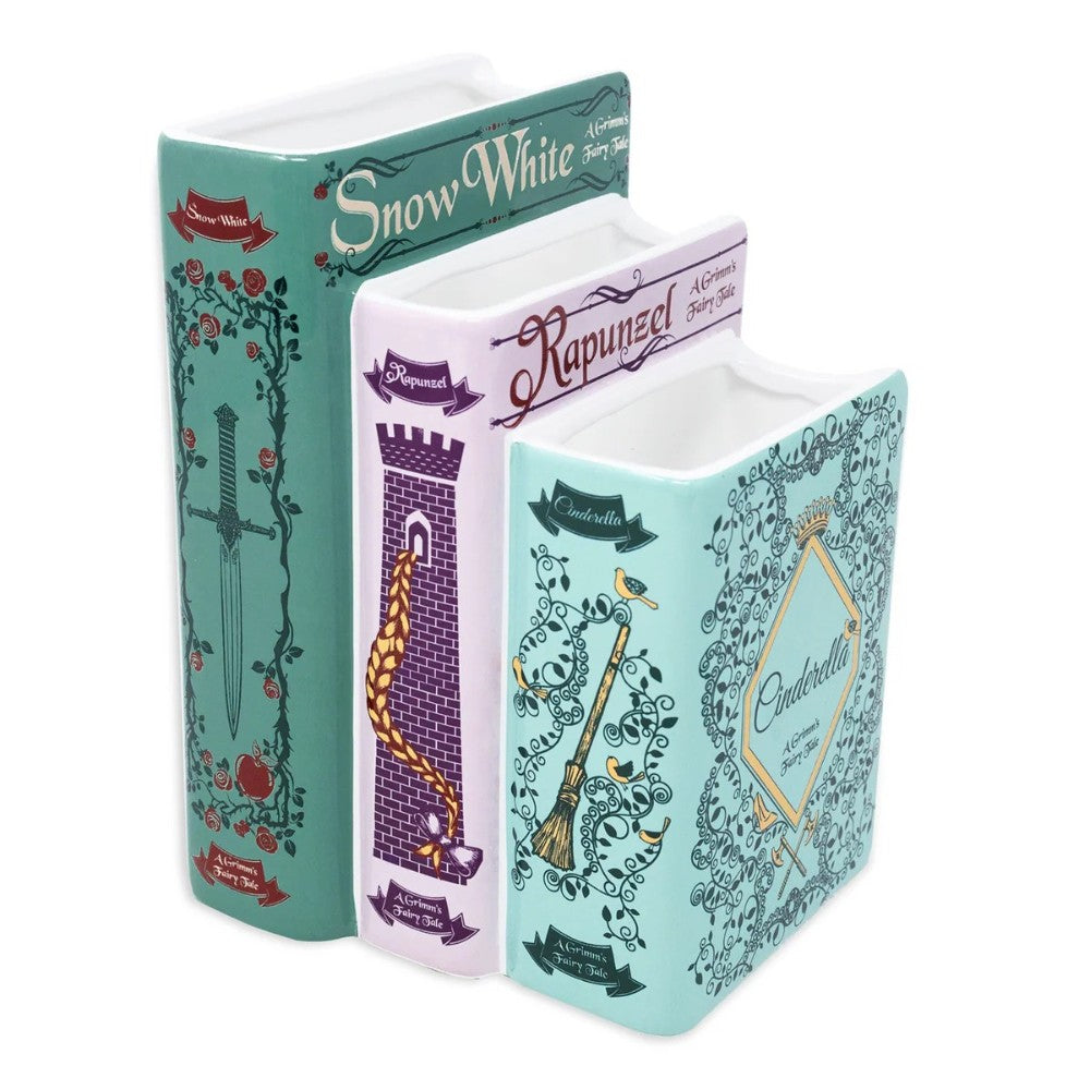 Decorative book-shaped ceramic vases featuring fairy tales designs.