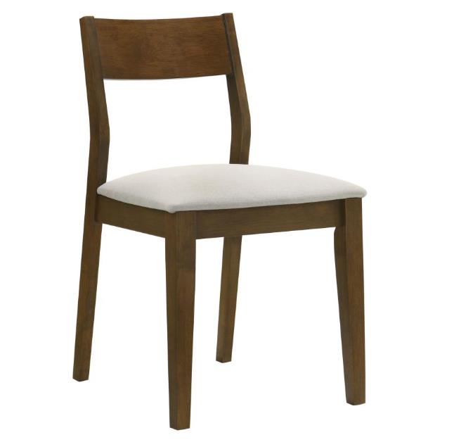 Wooden chair with cushioned white seat and simple design.