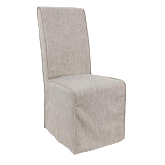 Beige fabric-covered chair with a slipcover design.