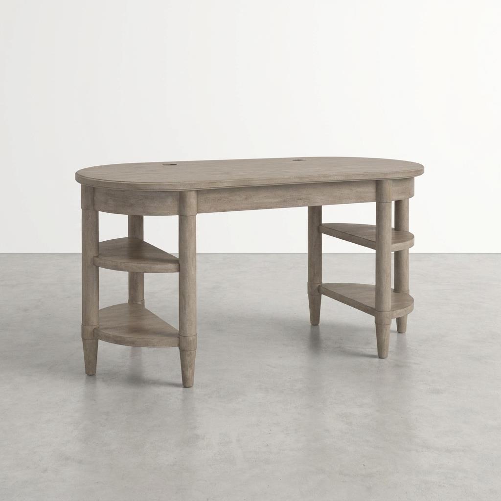 Oval wooden desk with side shelves on concrete floor.