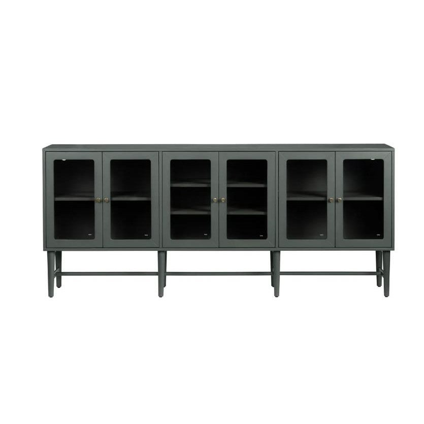 Green cabinet with glass doors and interior shelves.