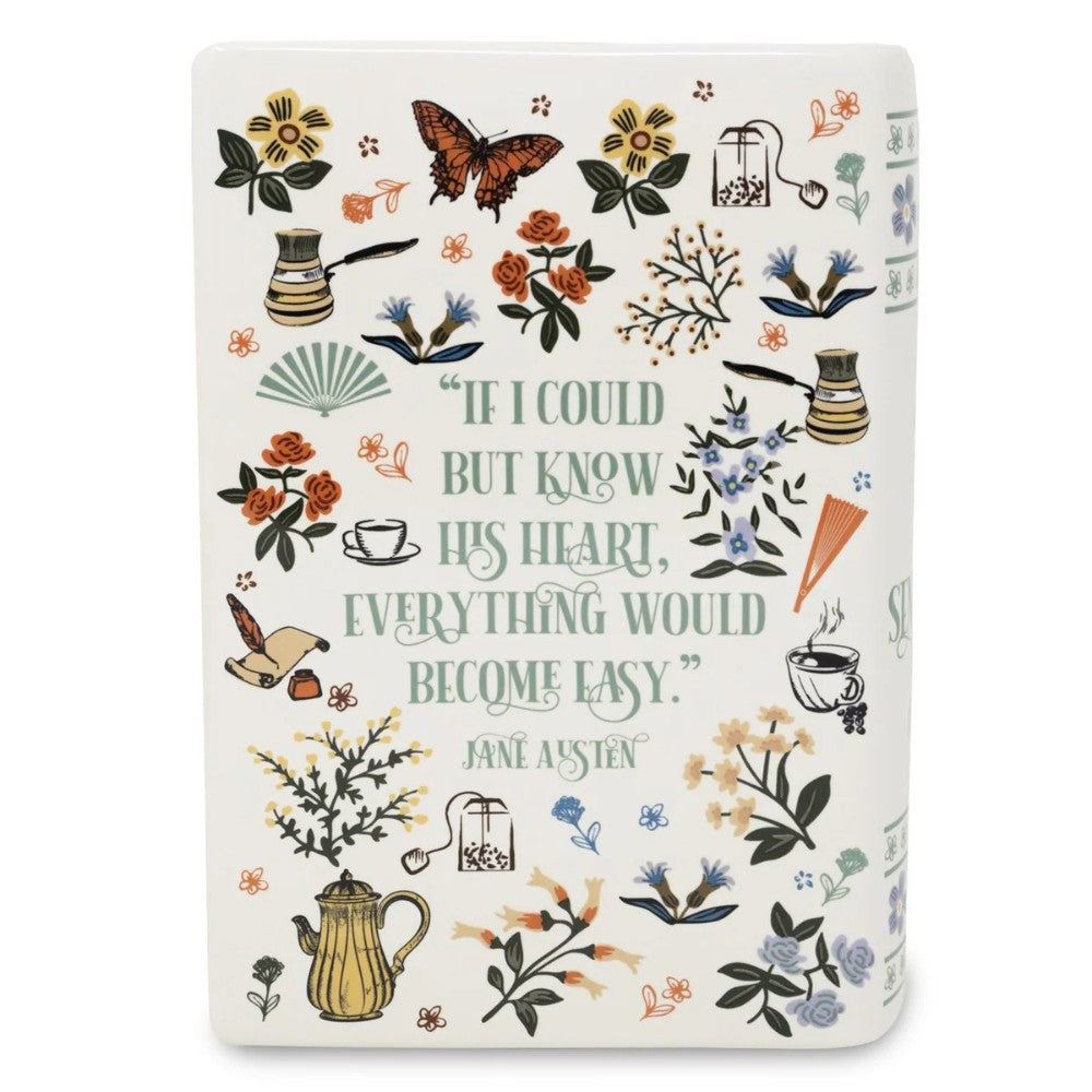 Book-shaped decoration with floral, tea motifs, and Jane Austen quote.