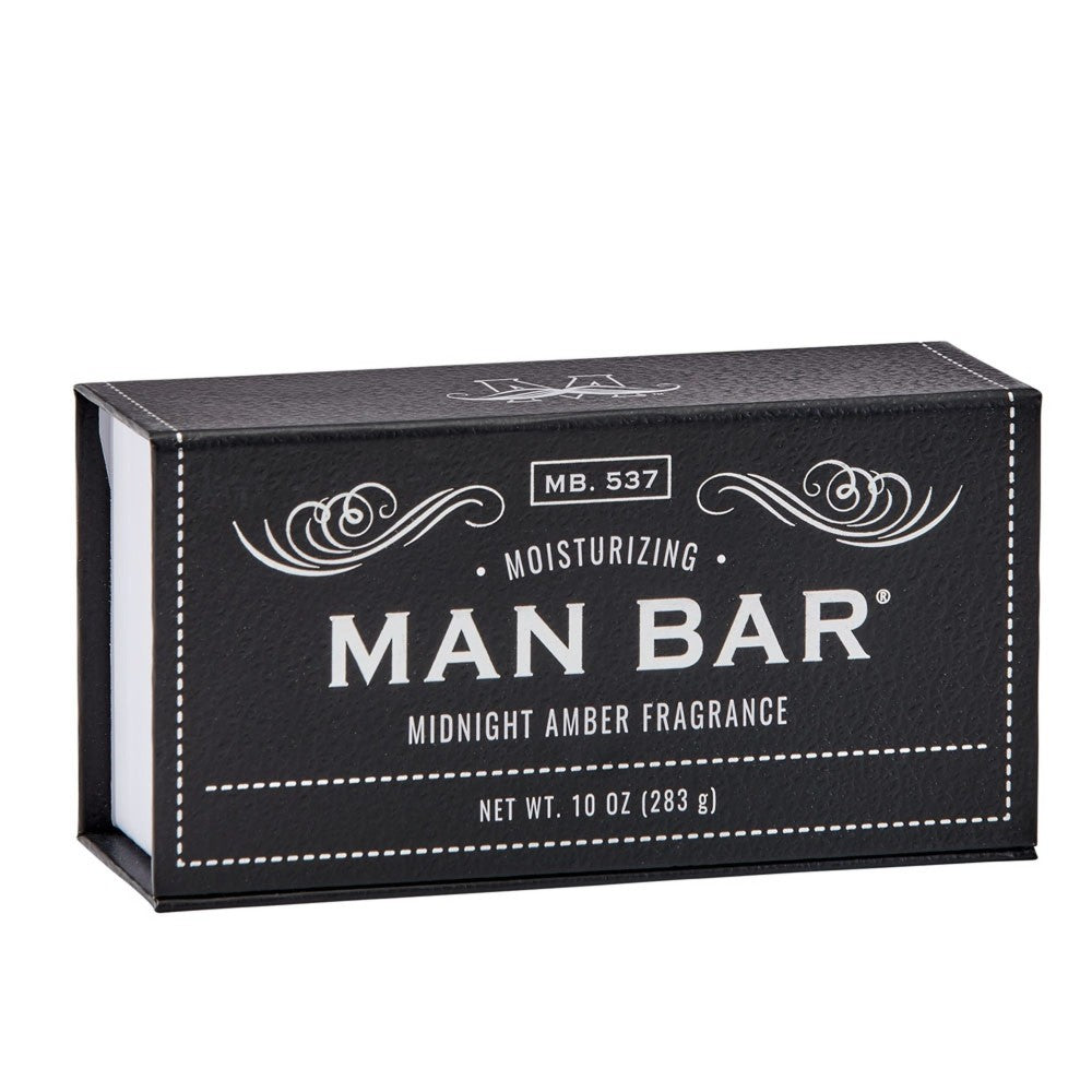 Black box of "Man Bar" soap, 10 oz, midnight amber fragrance.