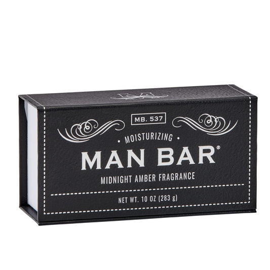 Black box of "Man Bar" soap, 10 oz, midnight amber fragrance.