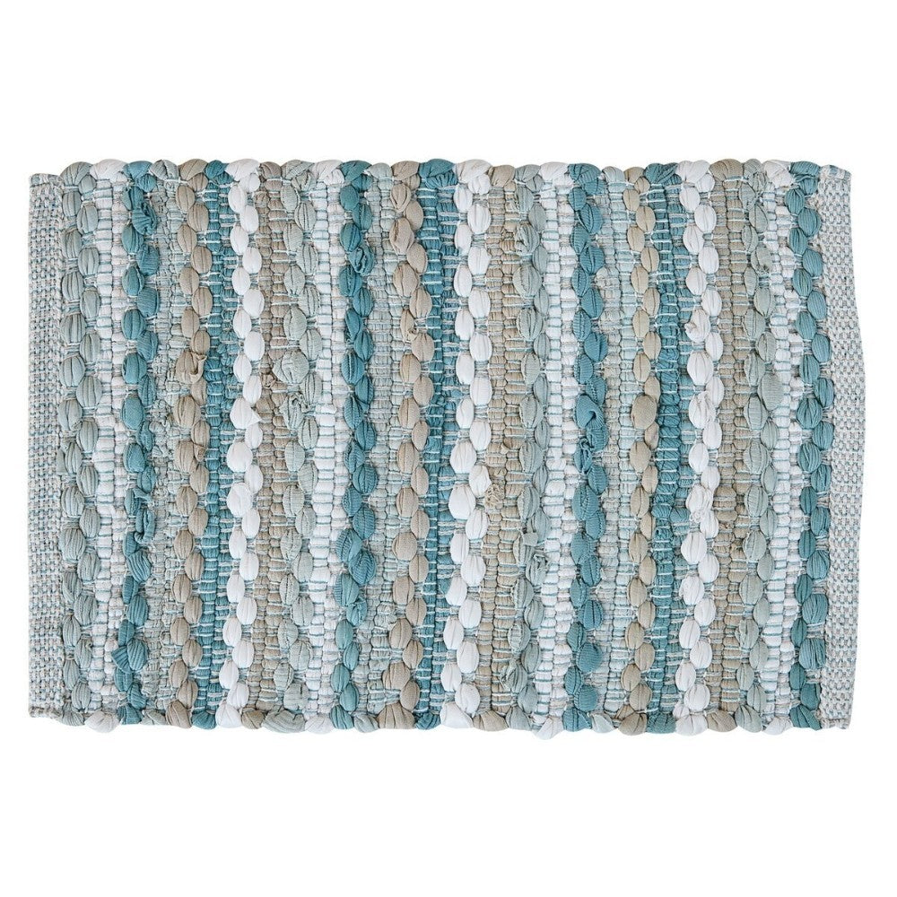 Textured woven fabric with blue, beige, and white vertical stripes.