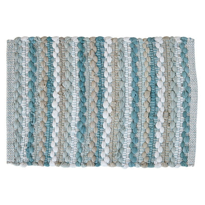 Textured woven fabric with blue, beige, and white vertical stripes.