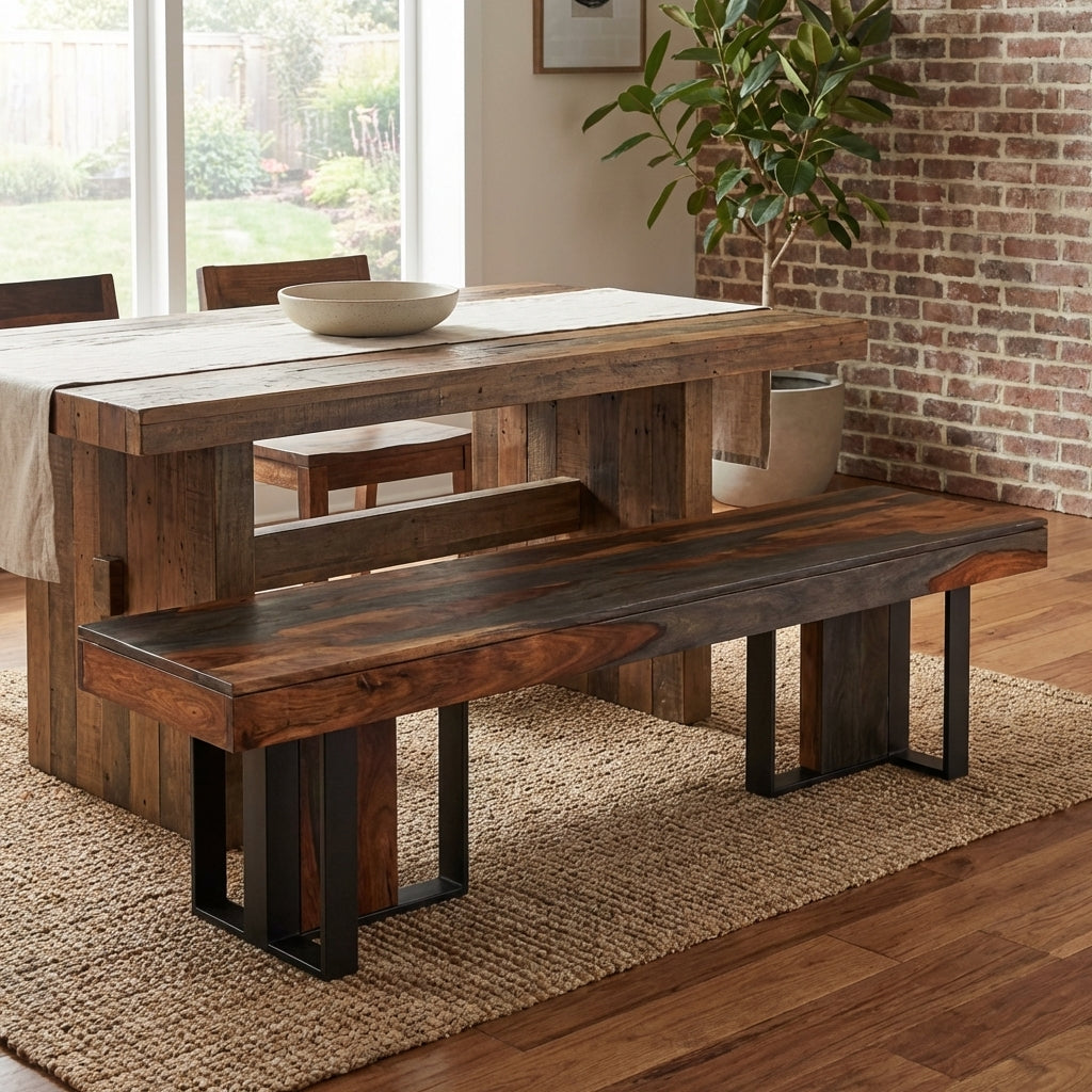 Wood and metal modern bench with geometric legs.