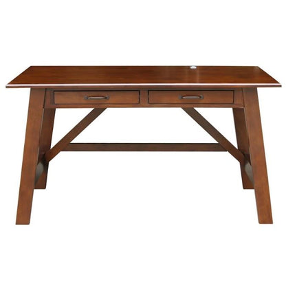Wooden desk with two drawers and slanted legs.