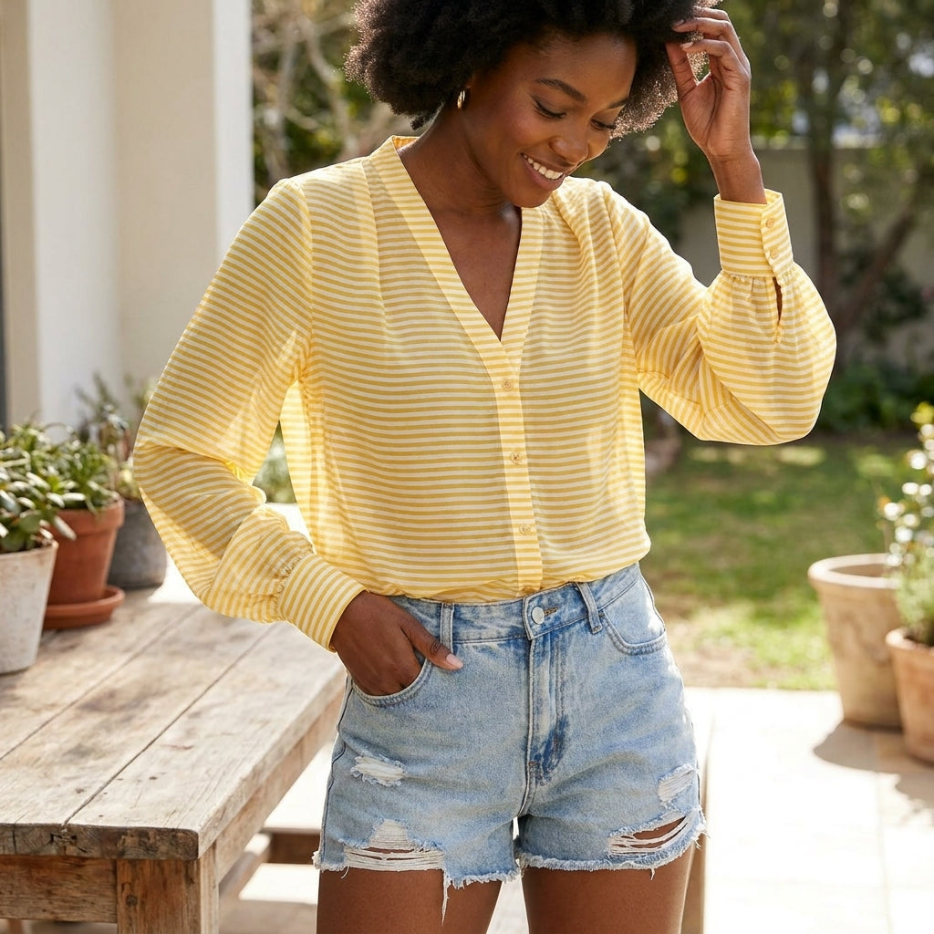Smiling person in a yellow striped shirt and denim shorts, outdoors by a wooden table.