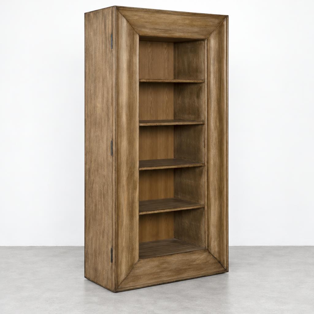 A tall wooden cabinet with open shelves and a narrow side door stands against a plain wall.