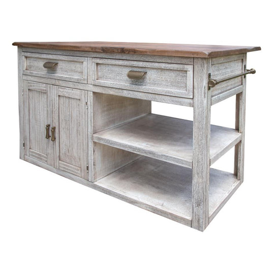 Rustic kitchen island with shelves and drawers.
