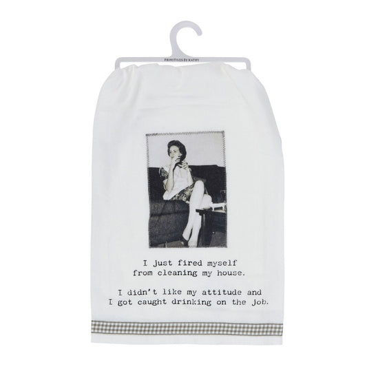 White towel with vintage photo and humorous cleaning quote.