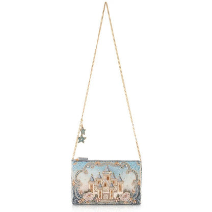 Embroidered clutch with a castle design and gold chain strap.