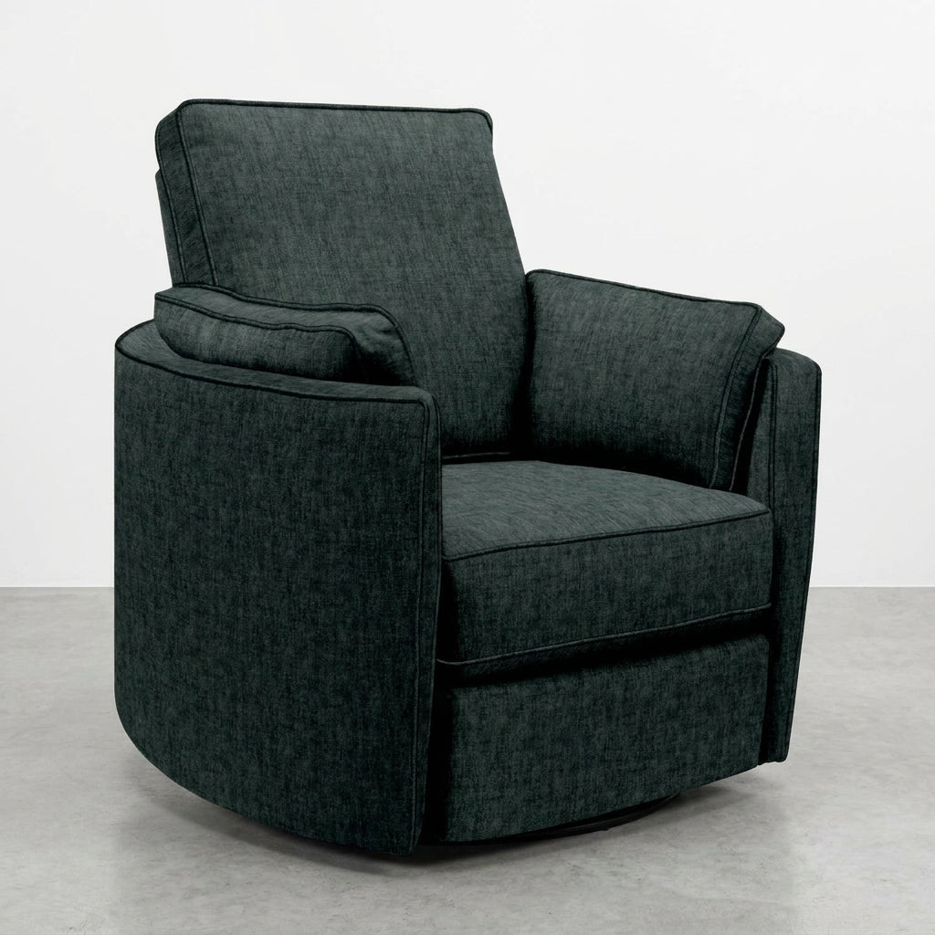 Dark gray upholstered armchair with a cushioned backrest.