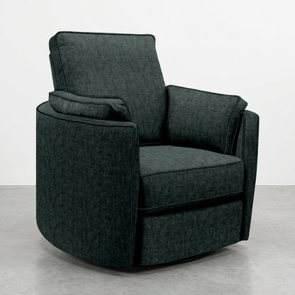 Dark gray upholstered armchair with a cushioned backrest.