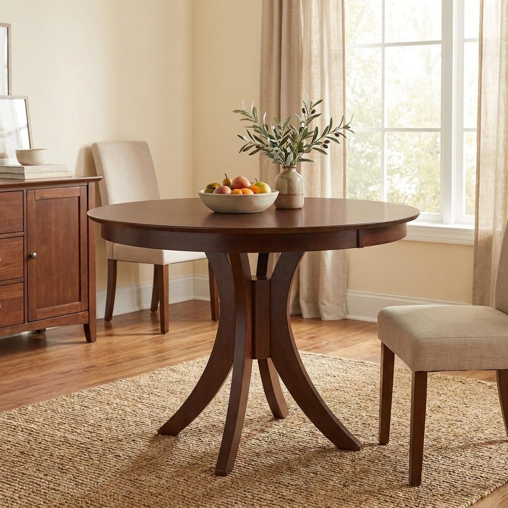 Round wood table with fruit bowl, vase, chairs, and sunlit window.