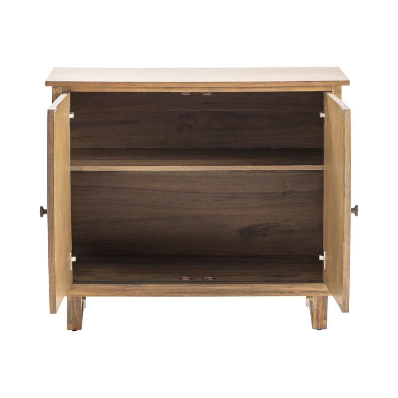 Wooden cabinet with open doors and one shelf inside.