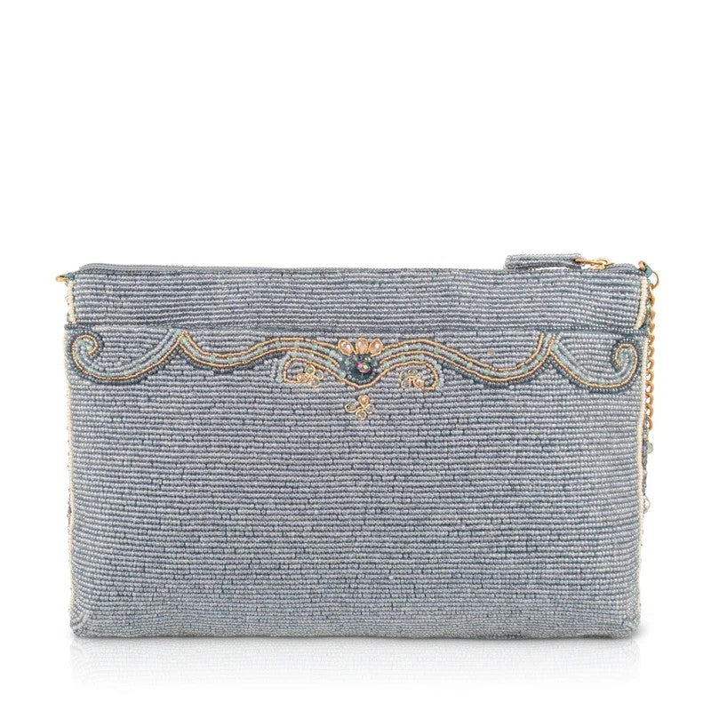 Elegant gray beaded clutch with intricate gold and blue embroidery.