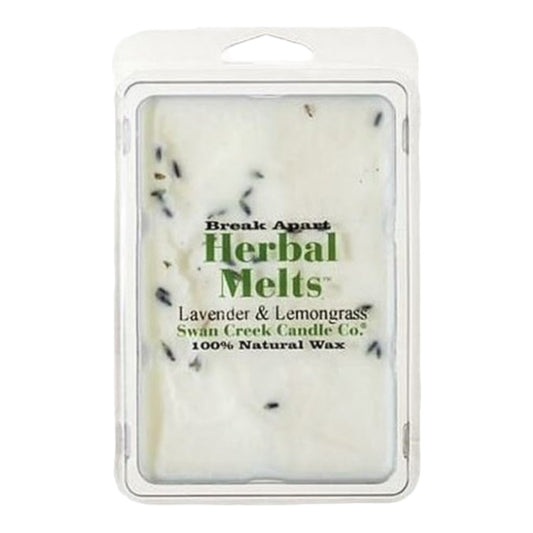 White herbal wax melts with lavender and lemongrass scent in clear packaging.