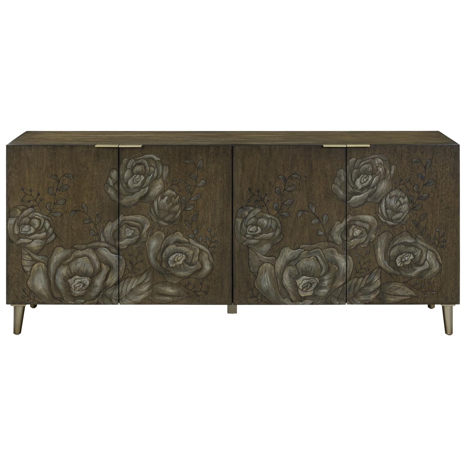 Wooden cabinet with floral engravings and four doors.