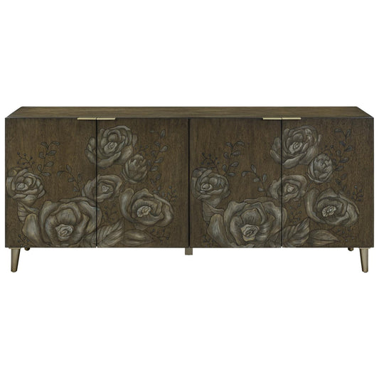 Wooden cabinet with floral engravings and four doors.