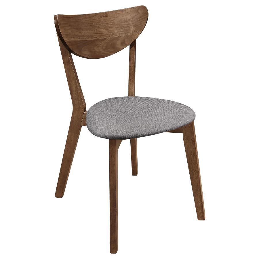 Wooden chair with a gray cushioned seat and curved backrest.