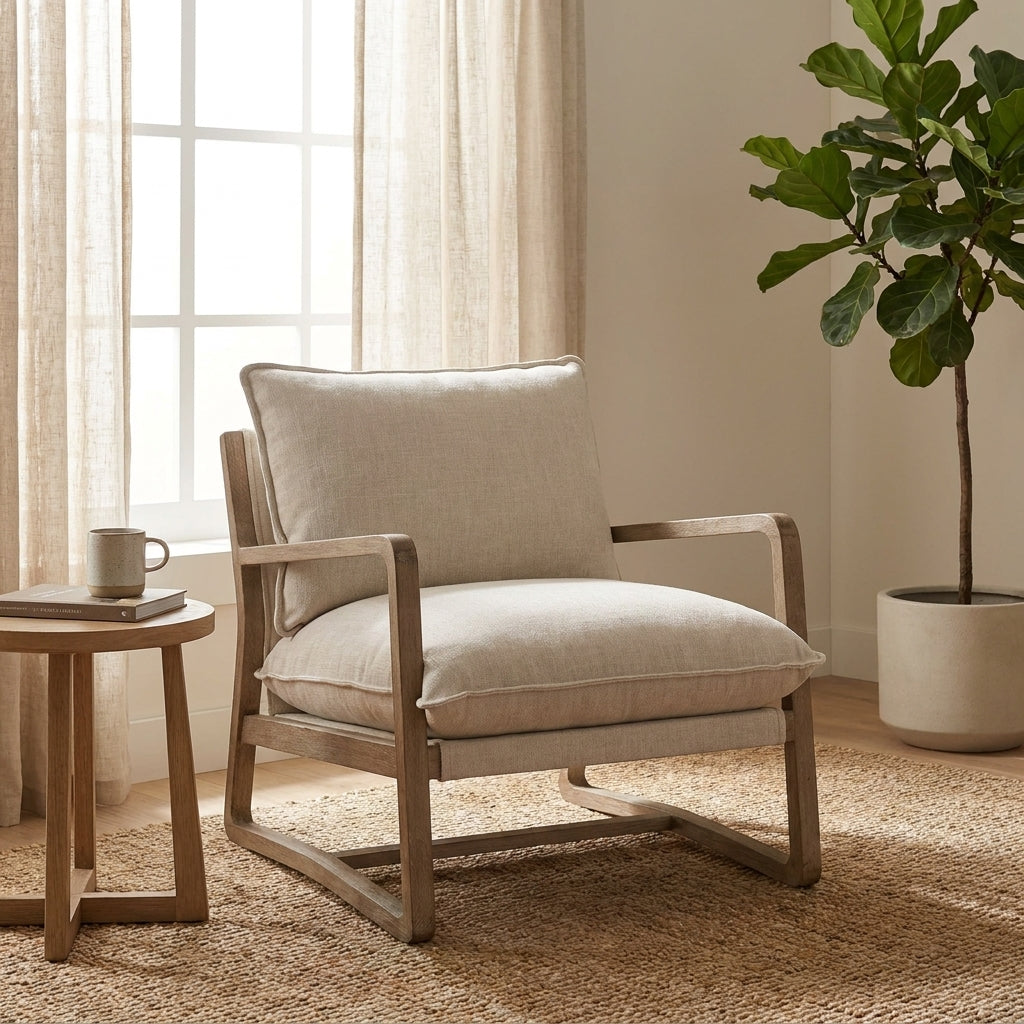 Modern beige armchair with wooden frame.