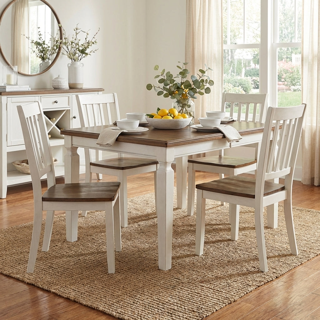 White dining table with a brown top and sturdy legs.