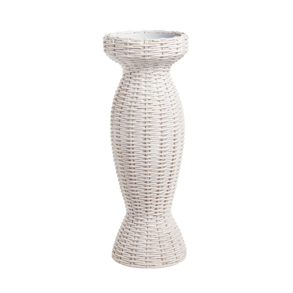 White woven rattan vase with a curved, hourglass shape.