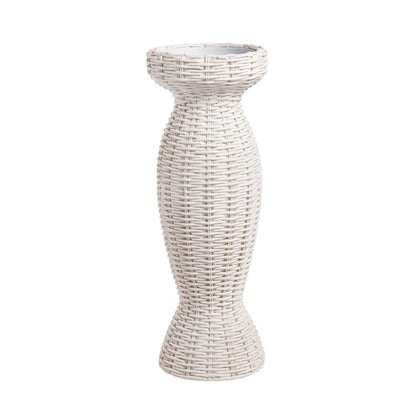 White woven rattan vase with a curved, hourglass shape.