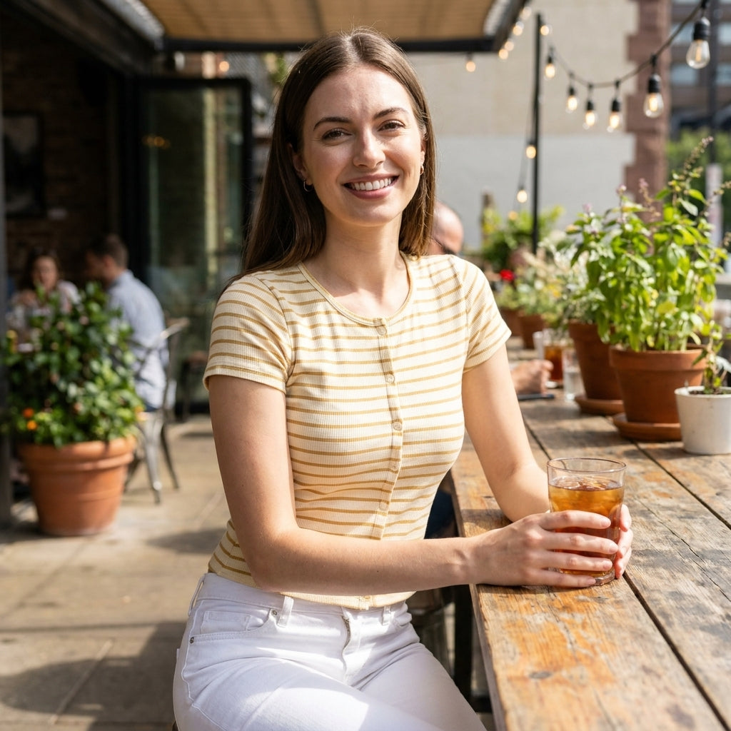 Smiling woman enjoying a drink outdoors, sitting at a wooden table with plants around.