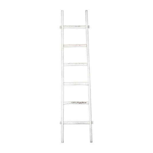White wooden ladder with five rungs on a white background.
