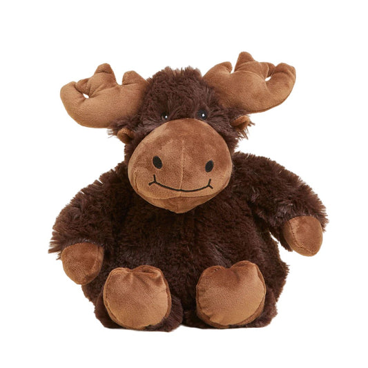 Fluffy brown moose plush toy with antlers and a smiling face.