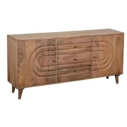 Wooden sideboard with circular drawer design and tapered legs.
