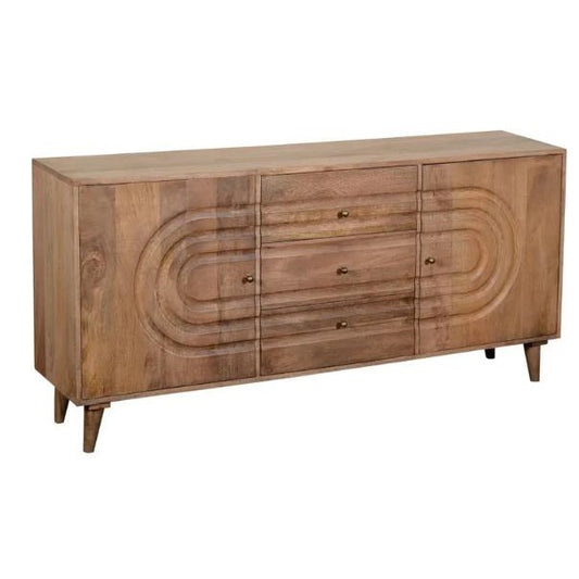 Wooden sideboard with circular drawer design and tapered legs.