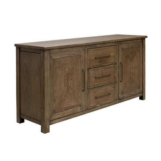 Wooden sideboard with two cabinets and three center drawers.