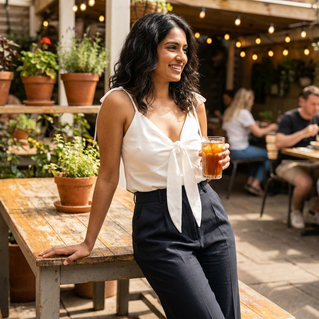 Woman in white top smiling, holding iced tea outside.