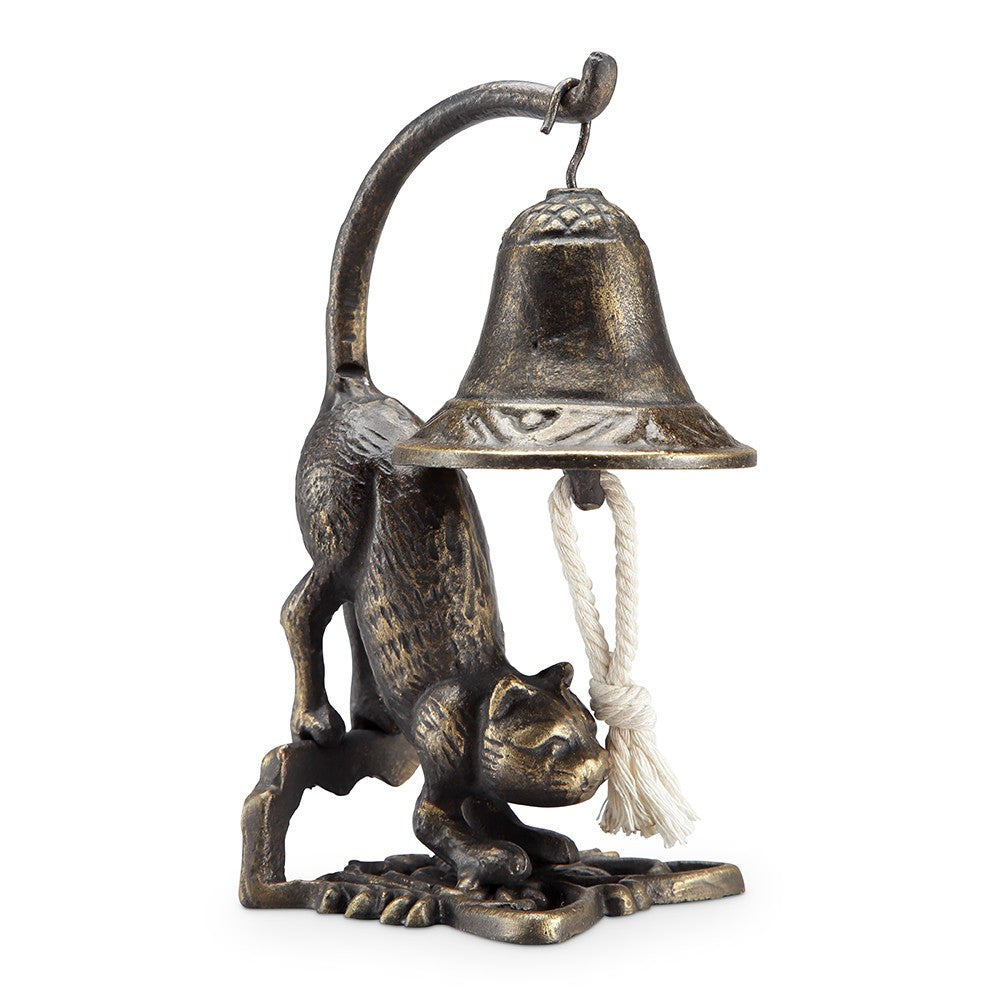 Bronze cat-shaped bell with rope, vintage style.