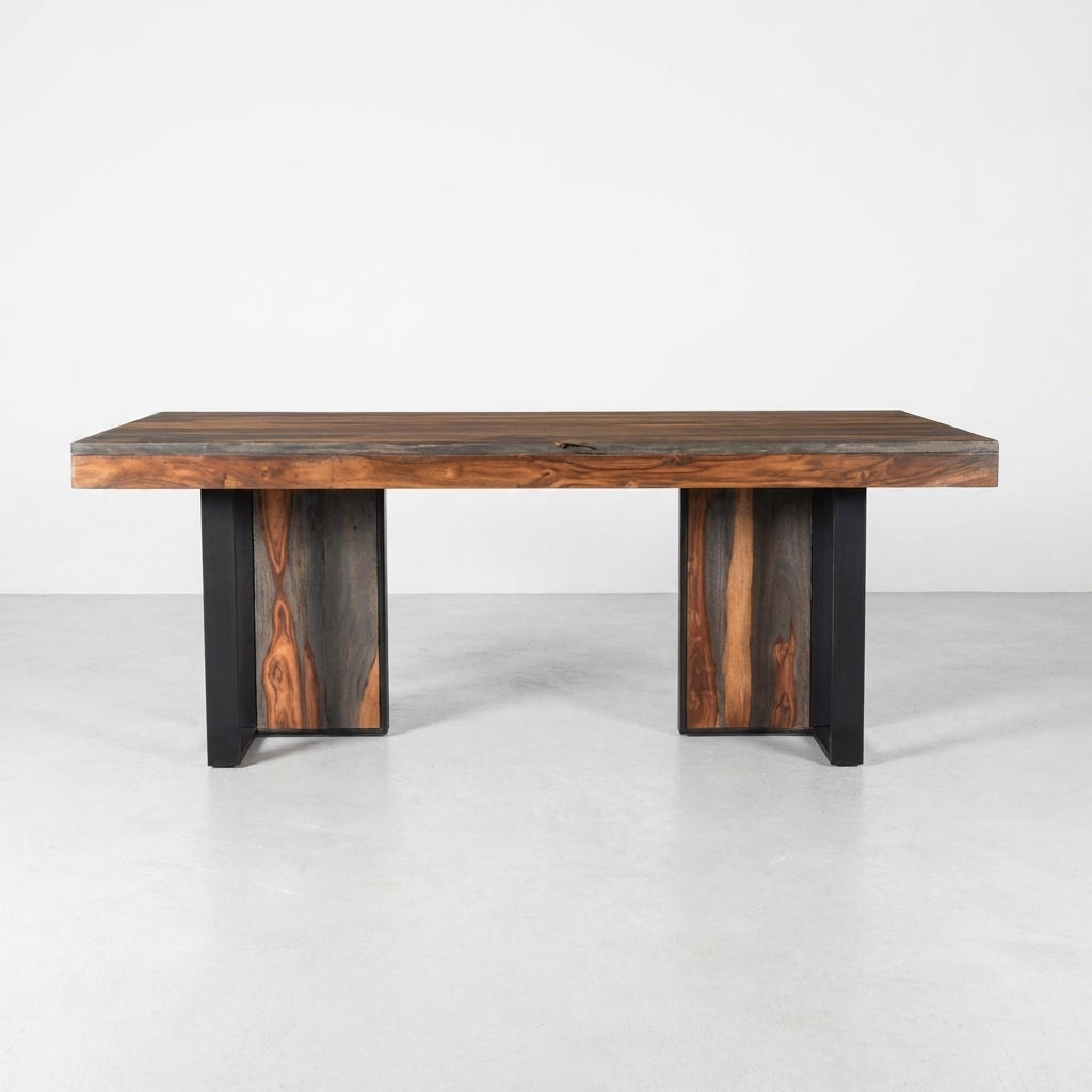 Modern wooden table with dark legs and a polished top.