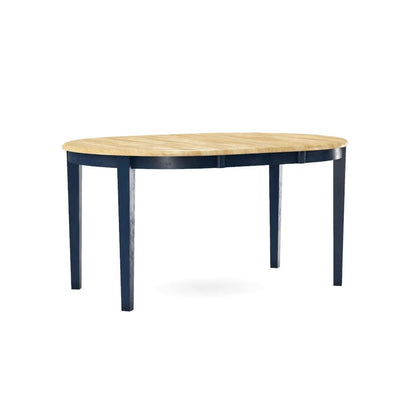 Oval table with light wood top and dark blue legs.