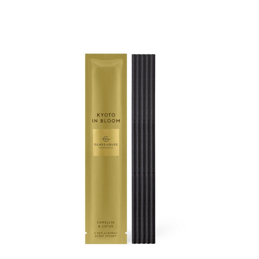 Gold "Kyoto in Bloom" scent packet with black sticks beside it.
