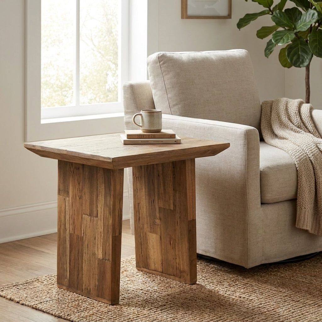 Wooden end table with a simple, rustic design and solid legs.
