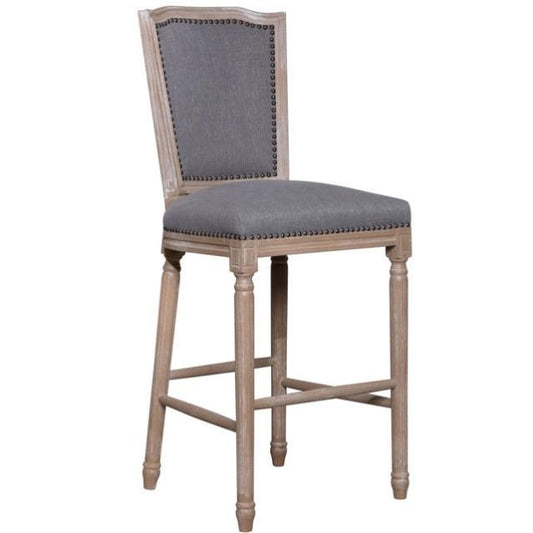 Wooden bar stool with gray upholstered seat and backrest.