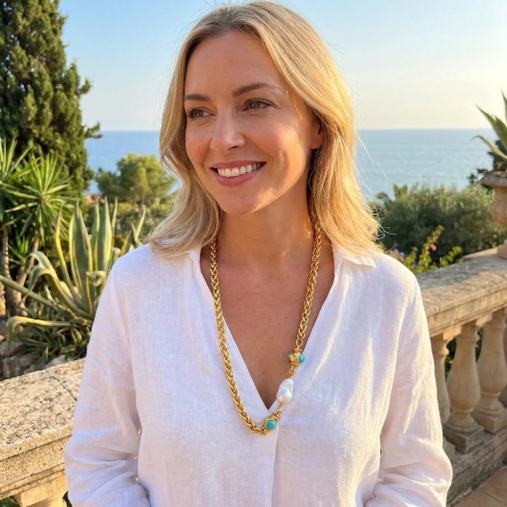 A smiling blonde woman in a white blouse stands on a sunny terrace overlooking the sea.