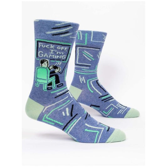Blue socks with gamer design and humorous text.