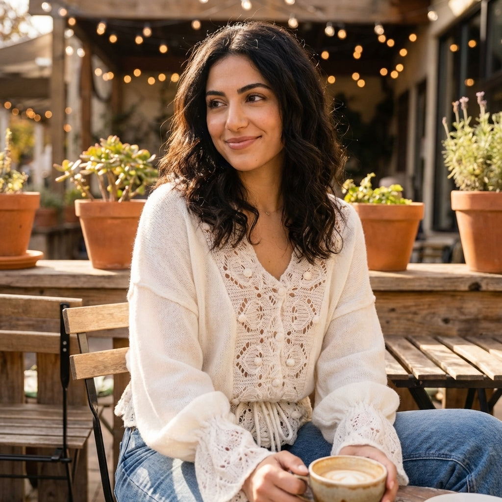 Woman enjoying coffee at a rustic outdoor café with warm lights and potted plants.
