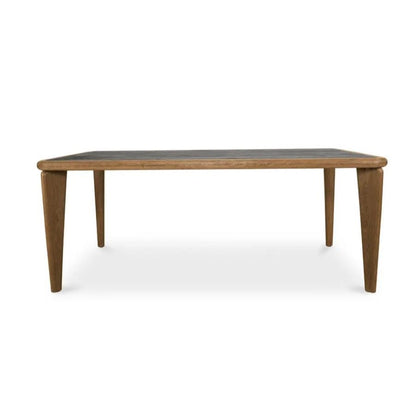 Rectangular wooden table with sleek legs.
