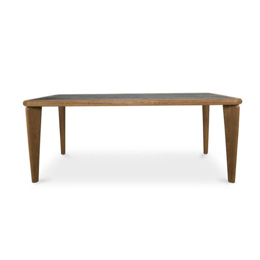 Rectangular wooden table with sleek legs.